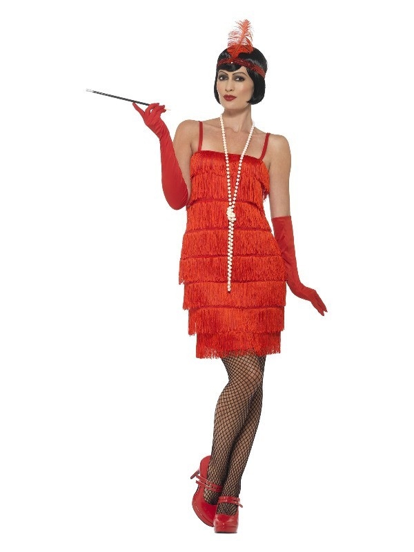 Déguisement années 20 femme rouge (robe courte, bandeau et gants)