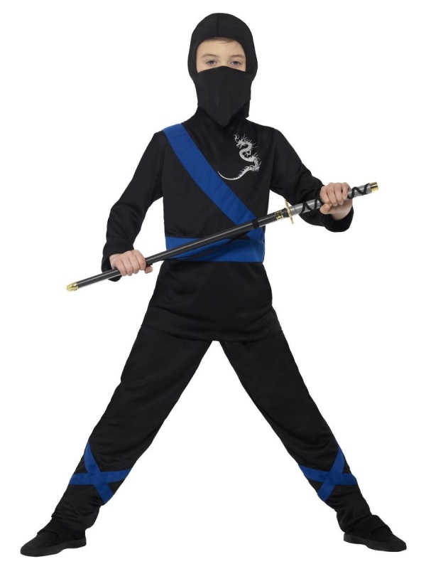 Déguisement enfant Ninja noir et bleu (cagoule, haut et pantalon)