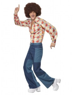 Déguisement homme années 70 rétro avec pantalon patchwork et chemise assortie