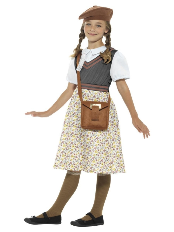 Déguisement écolière des années 40 (robe, béret, étiquette avec nom et sac)