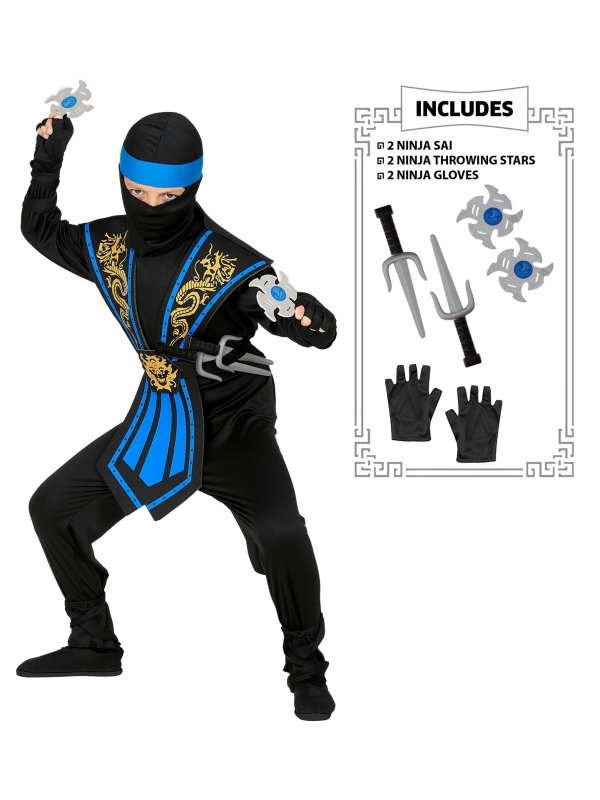 Déguisement Ninja enfant, bleu et noir avec armes