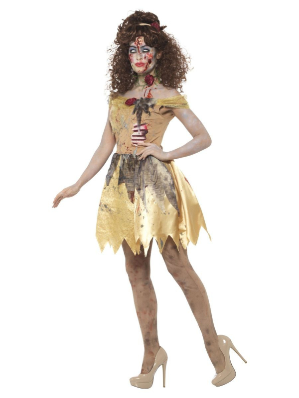 Déguisement de fée zombie jaune (robe, côtes en latex attachées, bandeau et ras-du-cou)