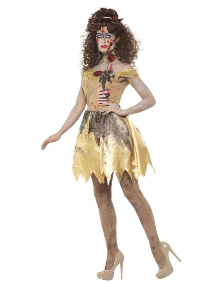 Déguisement de fée zombie jaune (robe, côtes en latex attachées, bandeau et ras-du-cou)