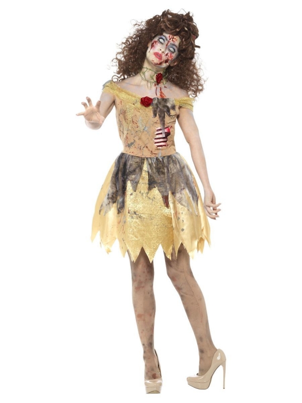 Déguisement de fée zombie jaune (robe, côtes en latex attachées, bandeau et ras-du-cou)