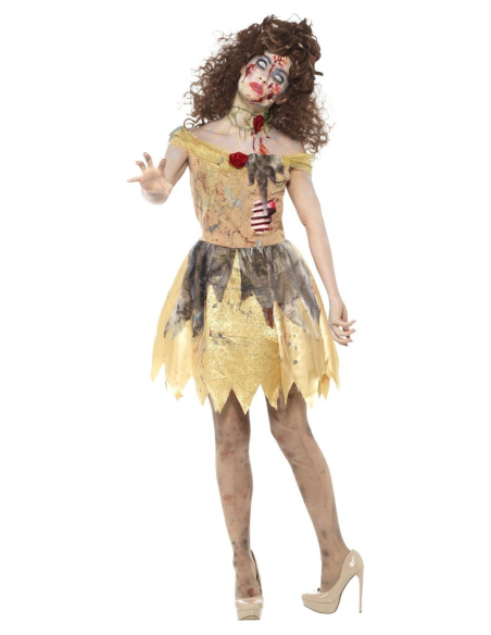 Déguisement de fée zombie jaune (robe, côtes en latex attachées, bandeau et ras-du-cou)