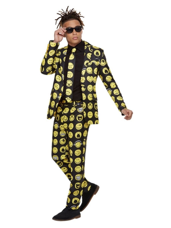 Costume Sexy Homme, motif  SMILEY© noir et jaune (veste, pantalon, et cravate)
