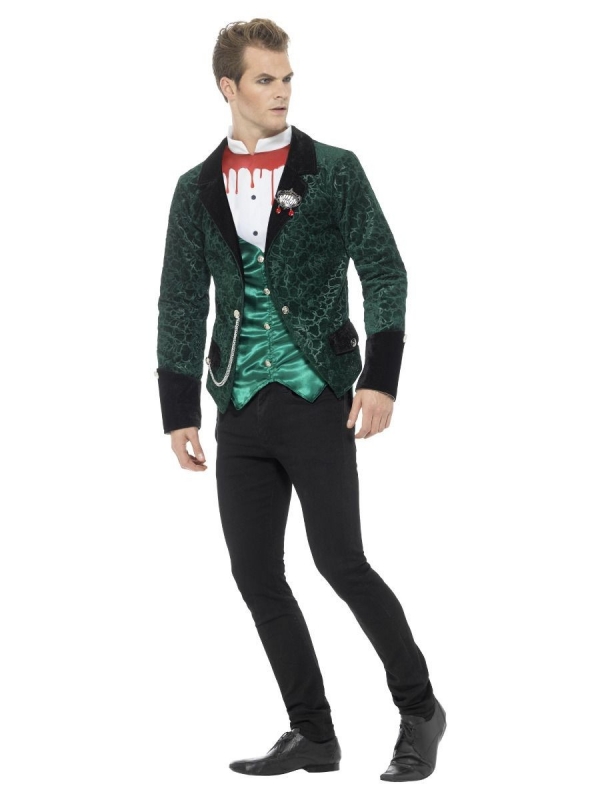 Costume vampire vert (queue de pie avec chemise attachée, pantalon et broche)