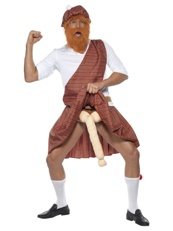 Déguisement Highlander bien équipé rouge Homme (chapeau, barbe, haut, ceinture, kilt, sporran, chaussettes & dotation)