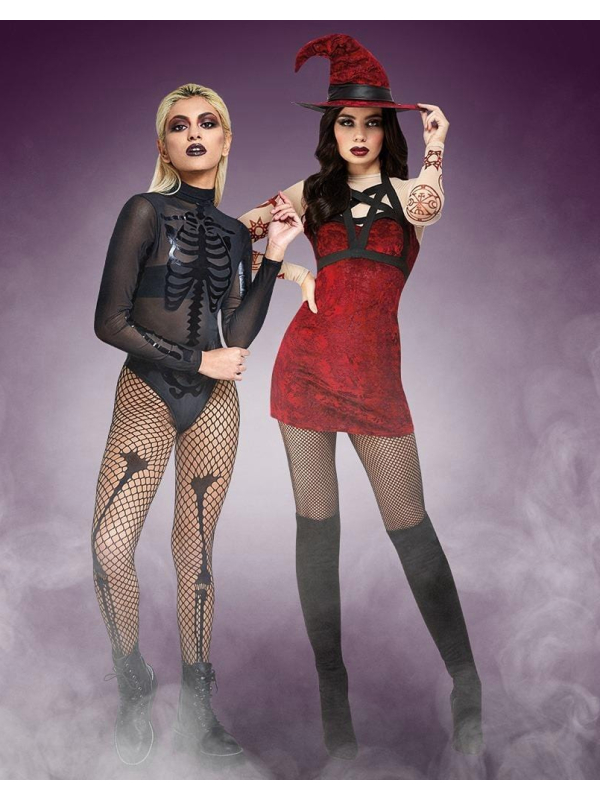 Déguisement sorcière satanique Fever, Rouge (Robe, chapeau et harnais d'épaule amovible)