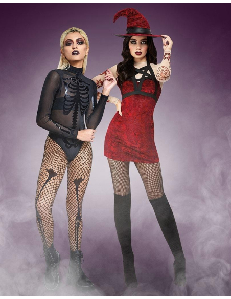 Déguisement sorcière satanique Fever, Rouge (Robe, chapeau et harnais d'épaule amovible)