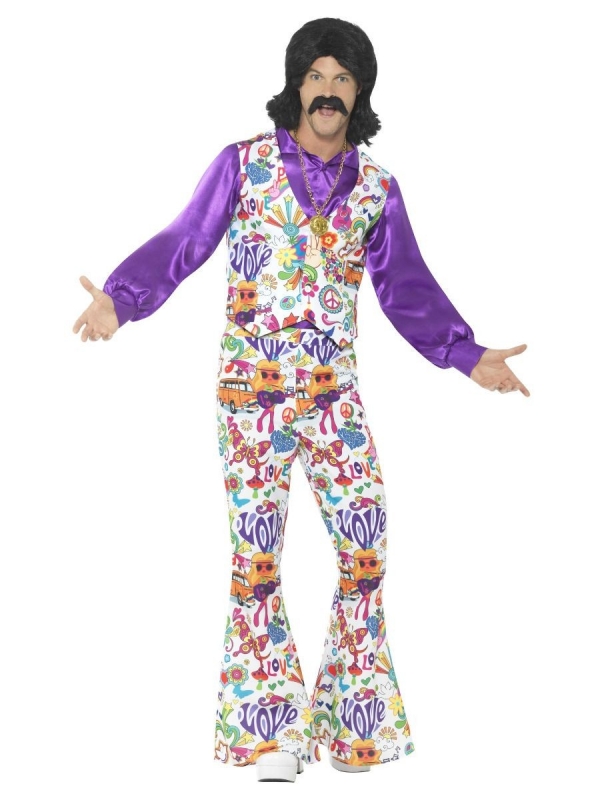 Déguisement Hippie Groovy Violet Homme (gilet, chemise, pantalon évasé)