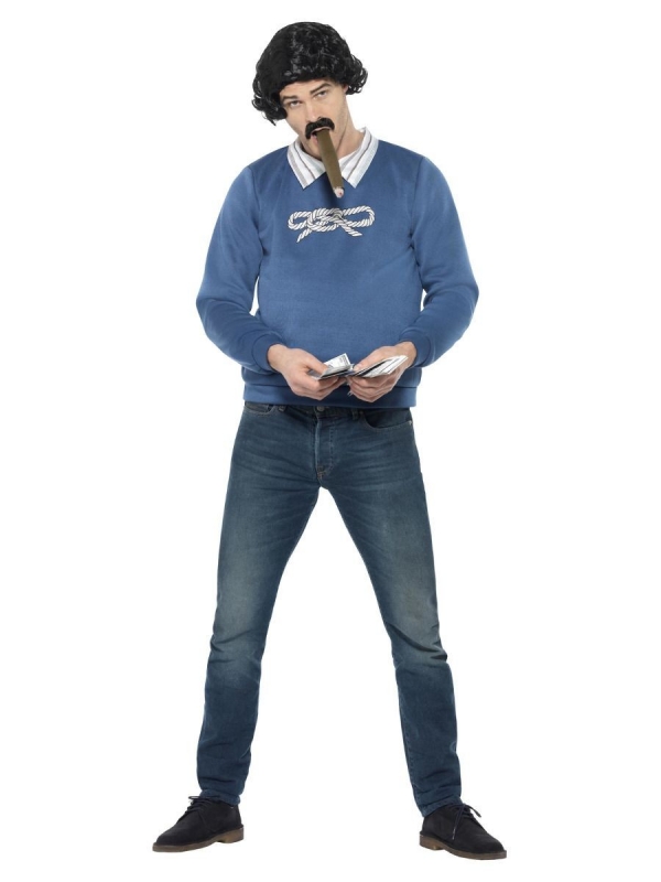 Déguisement du gangster Pablo (pull avec fausse chemise, perruque, moustache et billets)