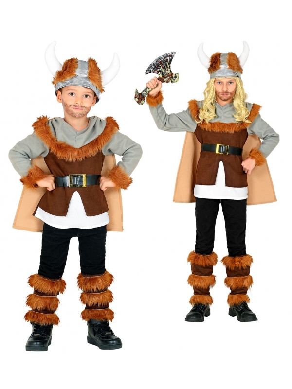 Déguisement Viking Enfant (Tunique avec ceinture et manteau, jambières et casque)
