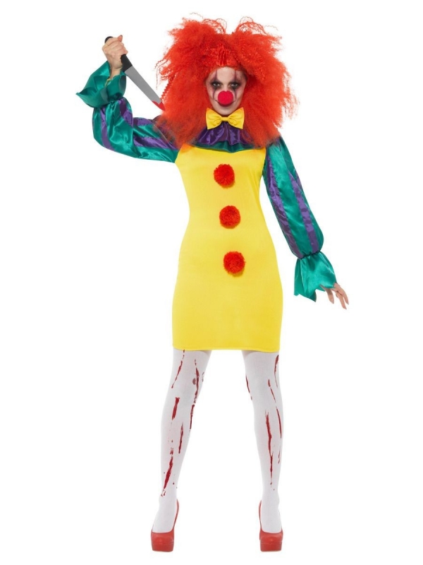 Déguisement femme clown de l'horreur (robe, une collerette et nez rouge)