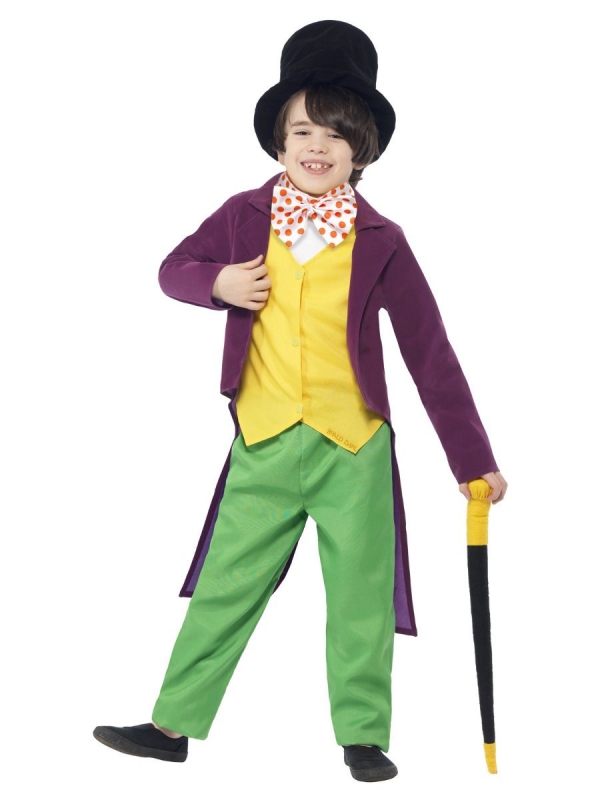Costume enfant licence Willy Wonka Roald Dahl (haut, pantalon, noeud papillon, chapeau et canne)