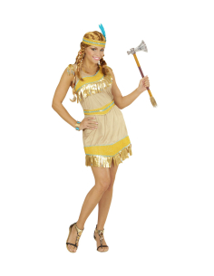 Déguisement Indienne beige à franges dorées (robe, ceinture, bandeau)