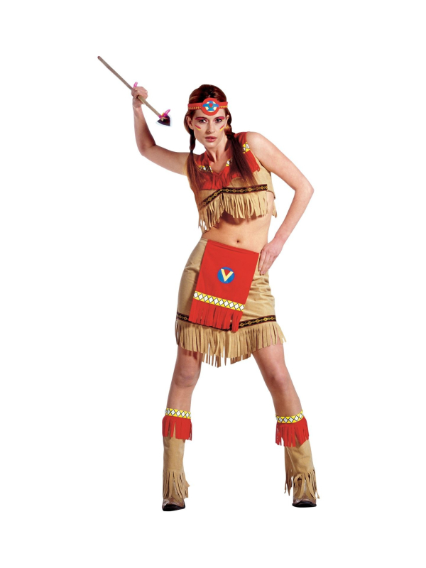 Déguisement indienne sexy rouge et beige (top, jupe, sur-bottes, bandeau)