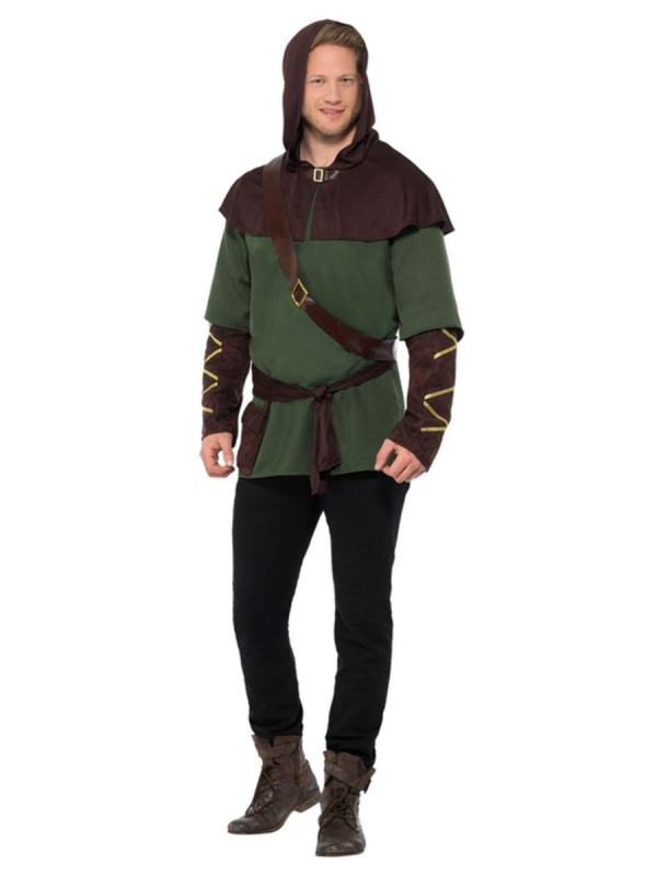 Déguisement de Robin des Bois, Vert et marron, avec tabard, écharpe, ceinture et pèlerine à capuche