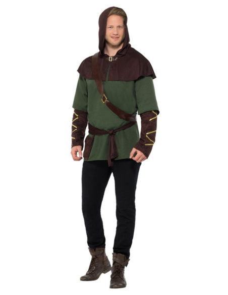 Déguisement de Robin des Bois, Vert et marron, avec tabard, écharpe, ceinture et pèlerine à capuche