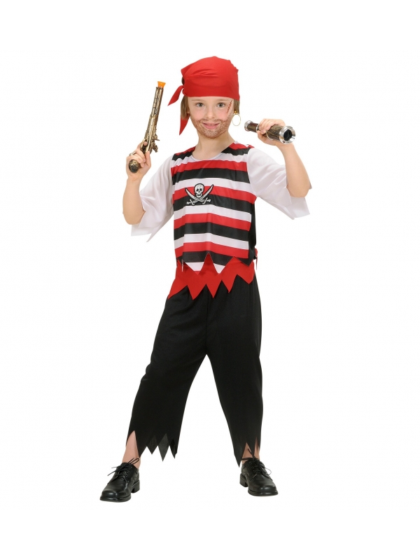 Déguisement Pirate garçon rouge et noir (la haut, le pantalon, la bandana, la ceinture)