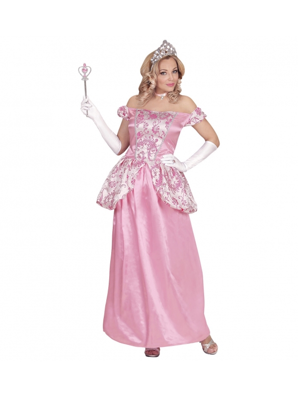 Déguisement princesse rose, femme (robe avec jupon crinoline, gants, collier, tiare)