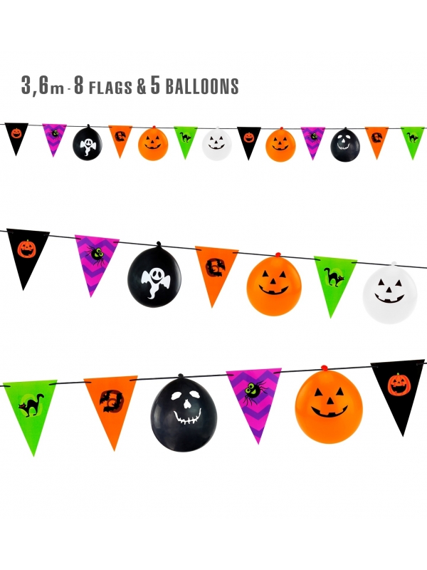 Guirlande halloween - 3,6 m (8 drapeaux + 5 ballons)