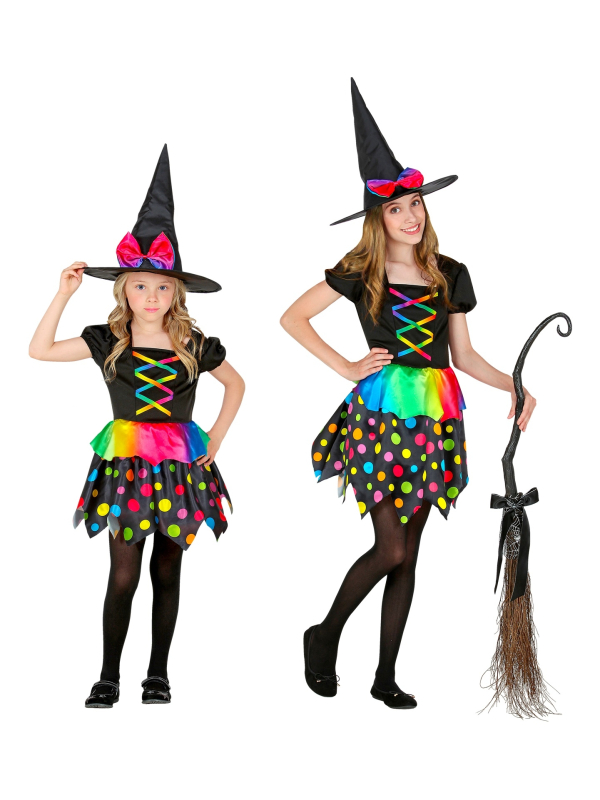 Déguisement sorcière fille noir et fluo (robe et chapeau)  - 1