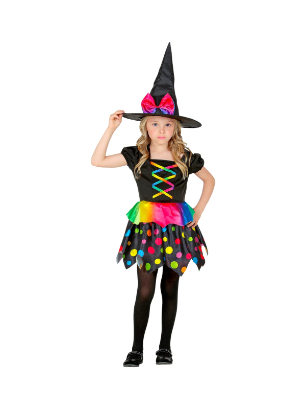Déguisement sorcière fille noir et fluo (robe et chapeau)  - 4
