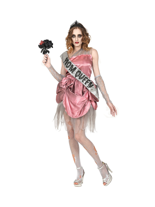 Déguisement Reine du bal zombie (robe, écharpe, mitaines, couronne)