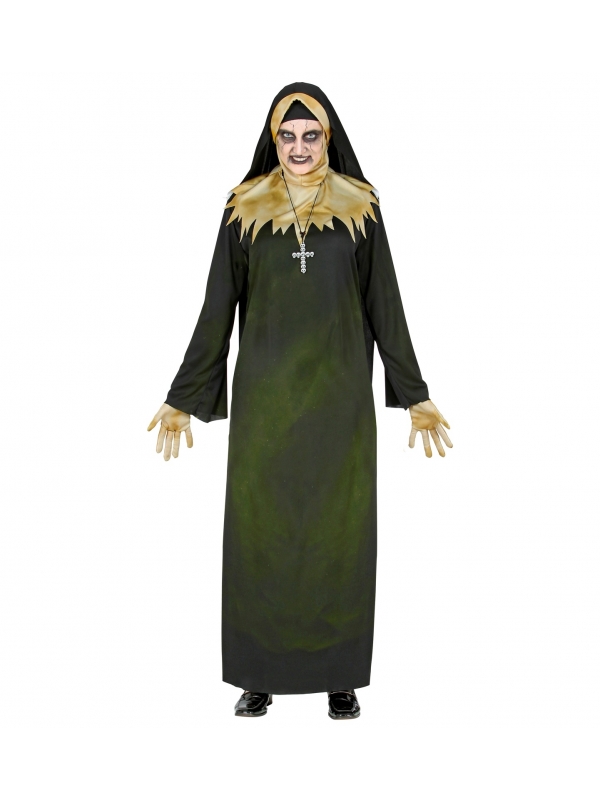 Déguisement Religieuse démoniaque (tunique, capuche avec col, gants voile, collier)