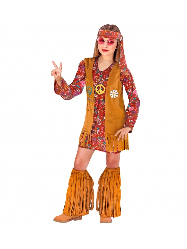 Déguisement Hippie Fille (robe, gilet, bandeau & couvre-bottes)