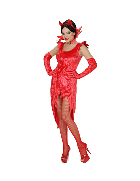 Déguisement Démon Femme (robe velours, gants & collar avec gemme)