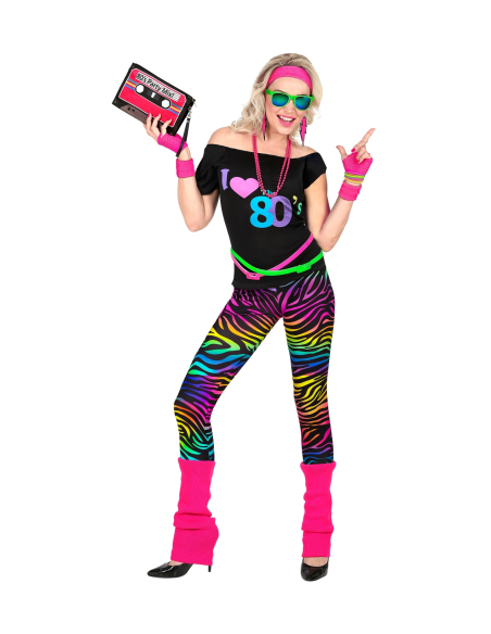Déguisement années 80 femme fluo (tee - shirt, leggings, guêtres, bandeau, bracelets)