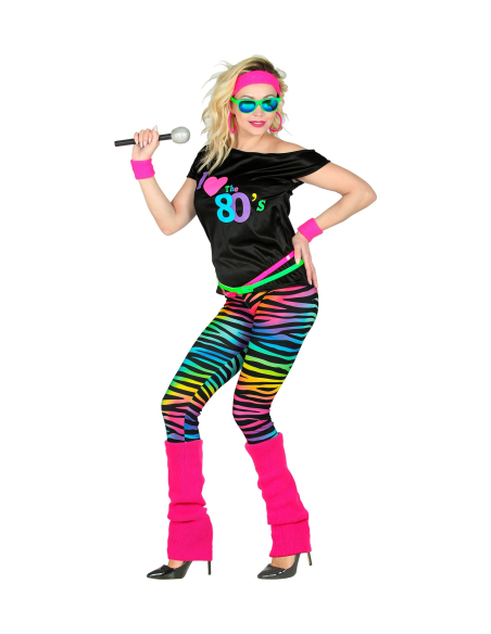 Déguisement années 80 femme fluo (tee - shirt, leggings, guêtres, bandeau, bracelets)