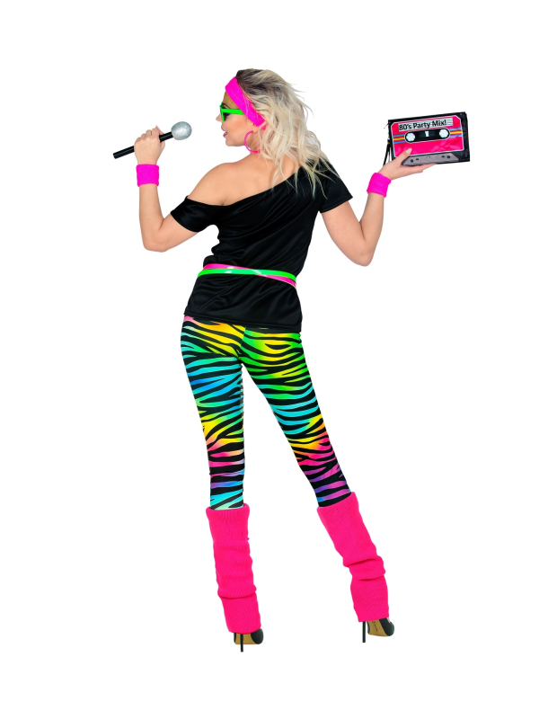 Déguisement années 80 femme fluo (tee - shirt, leggings, guêtres, bandeau, bracelets)