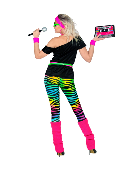 Déguisement années 80 femme fluo (tee - shirt, leggings, guêtres, bandeau, bracelets)