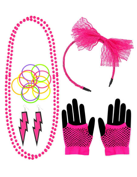Accessoires mode années 80, rose fluo, femme 5 pièces