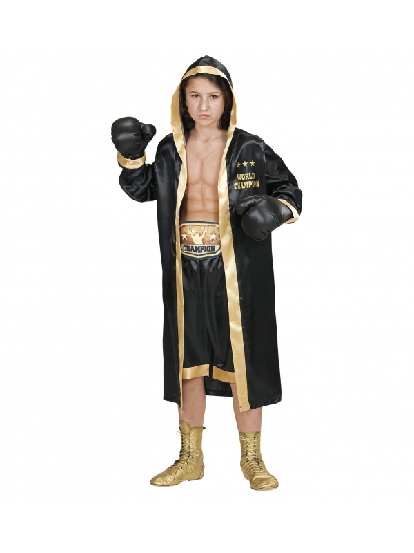 Déguisement Champion du monde de boxe Enfant (peignoir à capuche, short, ceinture, gants de boxe)