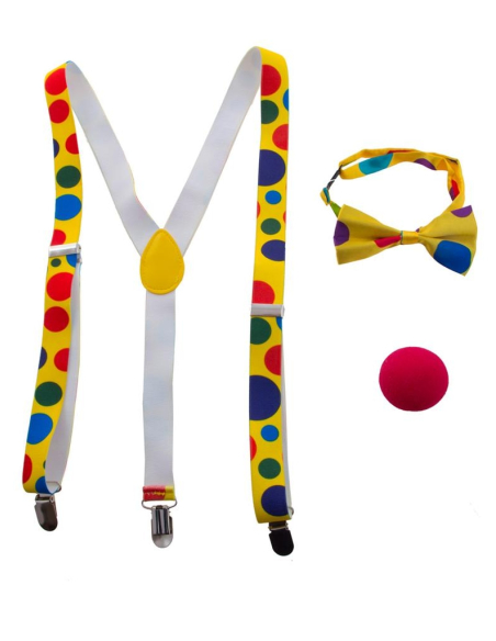 Accessoires de clown (bretelles, nœud-papillon et nez rouge)
