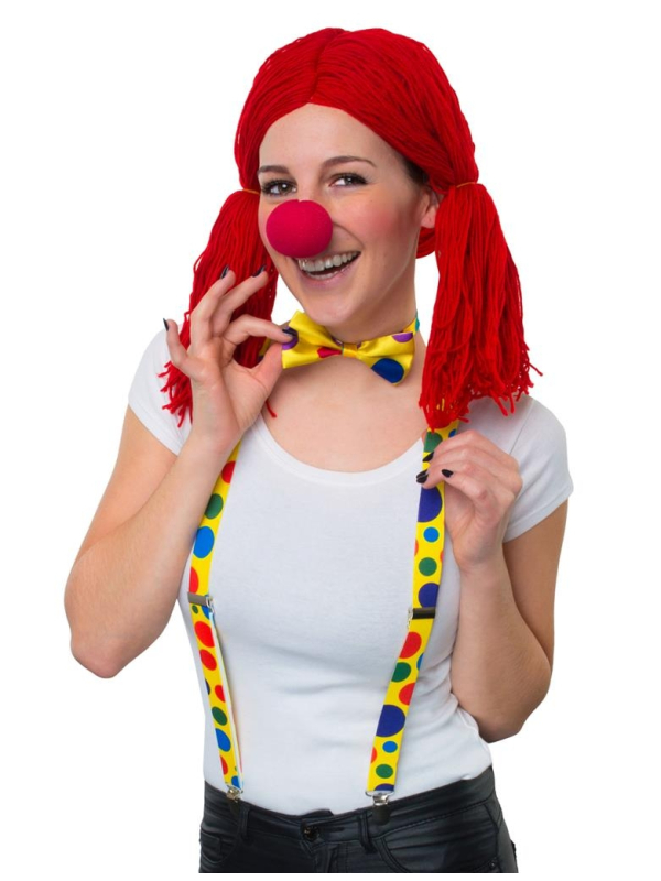 Accessoires de clown (bretelles, nœud-papillon et nez rouge)
