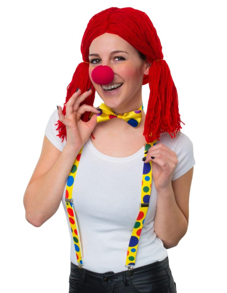 Accessoires de clown (bretelles, nœud-papillon et nez rouge)