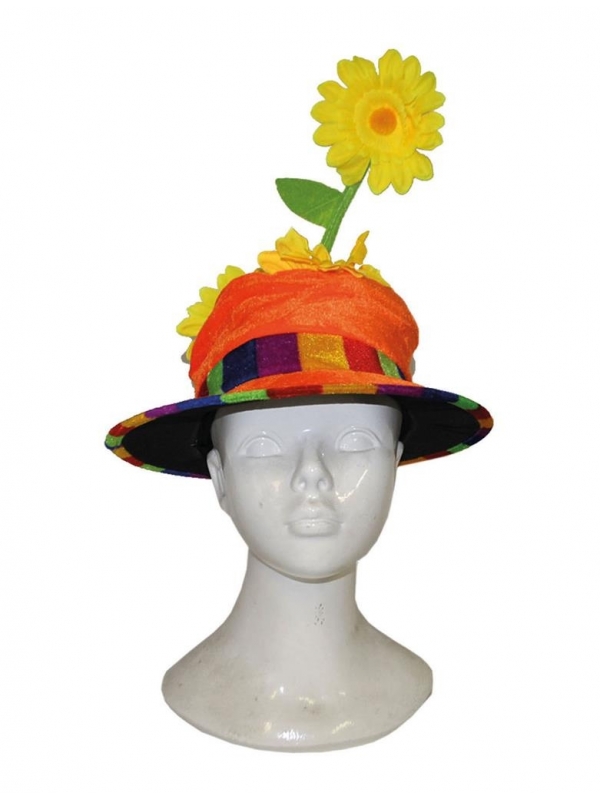 Chapeau haut de forme pour clown orange avec fleurs
