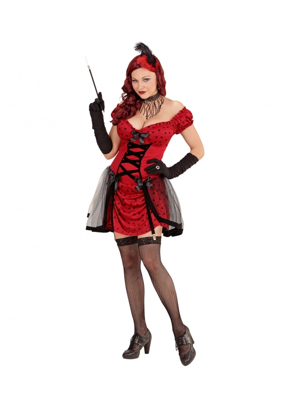 Déguisement Cabaret femme rouge et noir (robe avec porte-jarretelle et coiffe à plume)