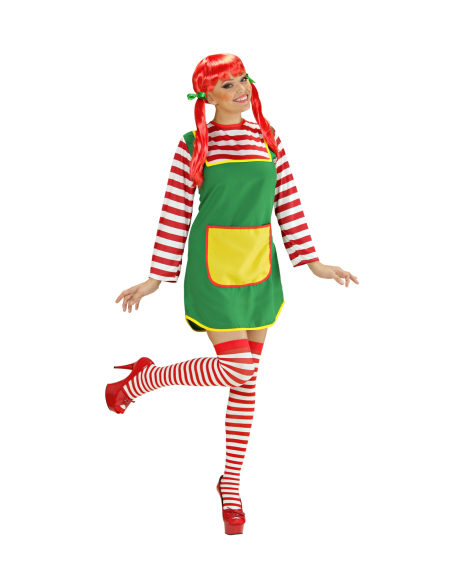 Déguisement Fifi adulte vert, jaune & rouge (robe avec tablier)