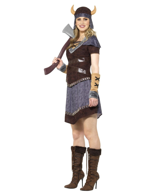 Déguisement de viking femme (haut, jupe, casque et manchettes)