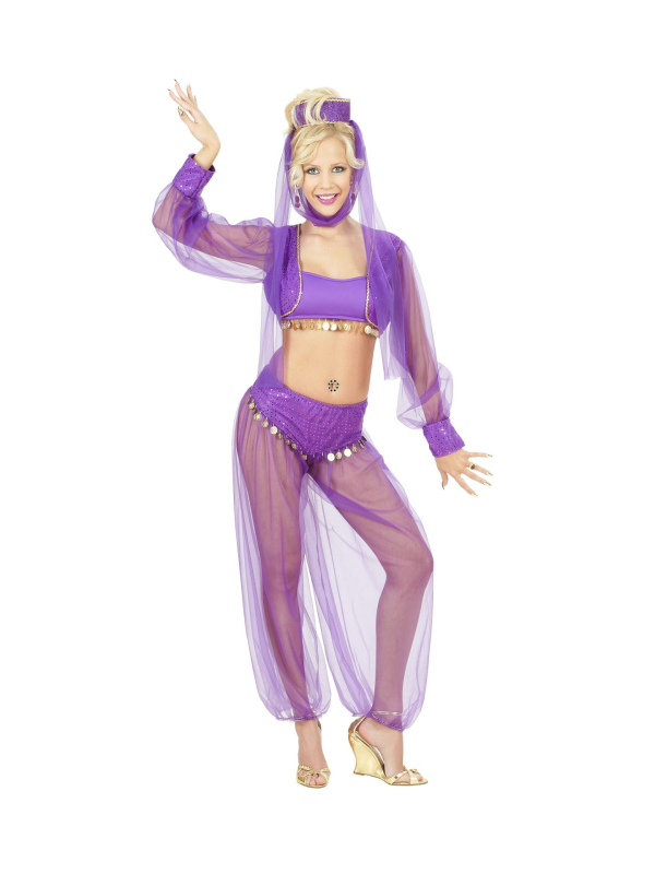 Déguisement danseuse du ventre femme violet (top, chemise, pantalon, coiffe)