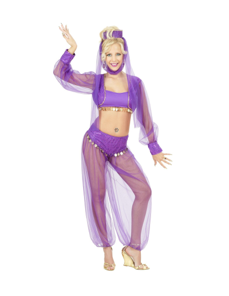 Déguisement danseuse du ventre femme violet (top, chemise, pantalon, coiffe)