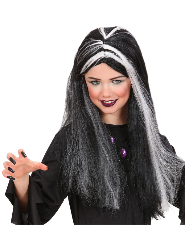 Perruque de sorcière enfant noire avec mèches blanches