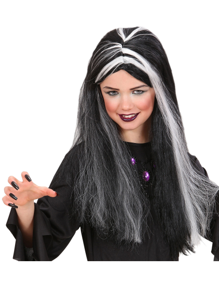 Perruque de sorcière enfant noire avec mèches blanches
