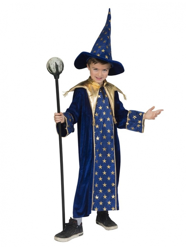 Déguisement de Merlin le magicien pour enfant (robe et chapeau bleu et doré)